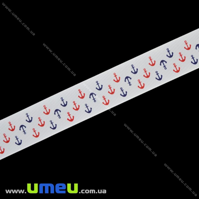 Репсова стрічка з малюнком Якорі, 25 мм, Біла (LEN-016592)