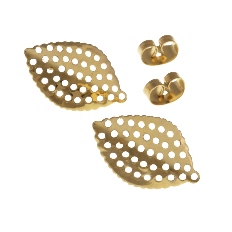 Пусеты из нерж. стали с заглушками, Листики, 18х11 мм, Золото (STL-055773)