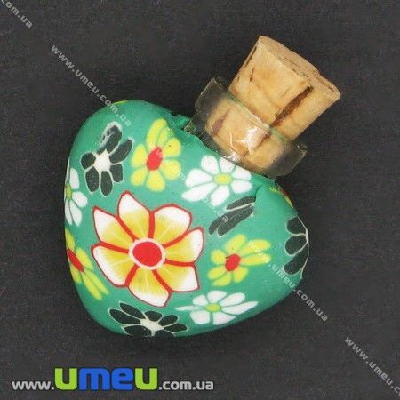 Скляна баночка з полімерною глиною Серце, Зелена, 24х22 мм (DIF-006769)