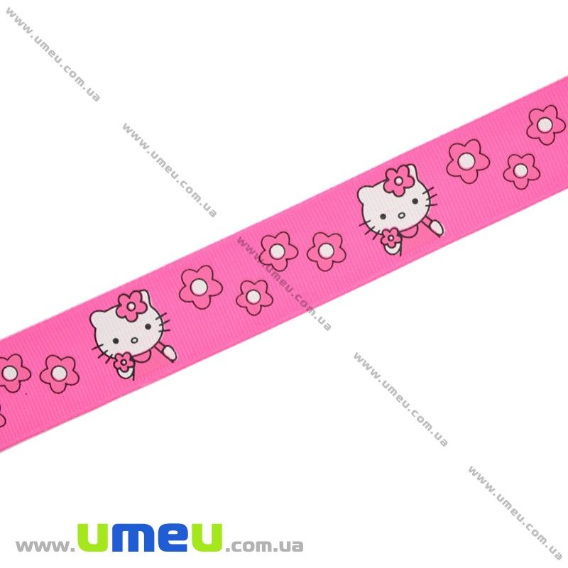 Репсовая лента с рисунком Hello Kitty, 25 мм, Розовая яркая (LEN-016582)