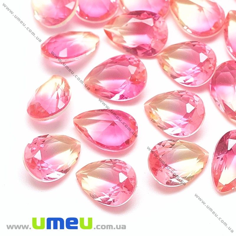 Ріволі скляний, Крапля гранована двоколірна, 14х10 мм, Рожевий (KAB-031391)