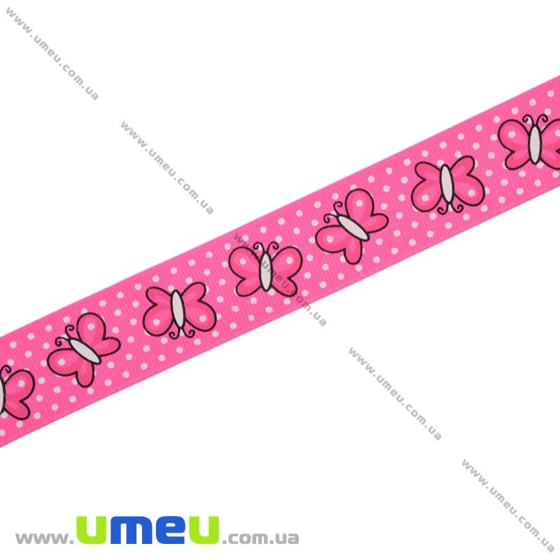 Репсова стрічка з малюнком Метелики, 25 мм, Рожева яскрава (LEN-016577)