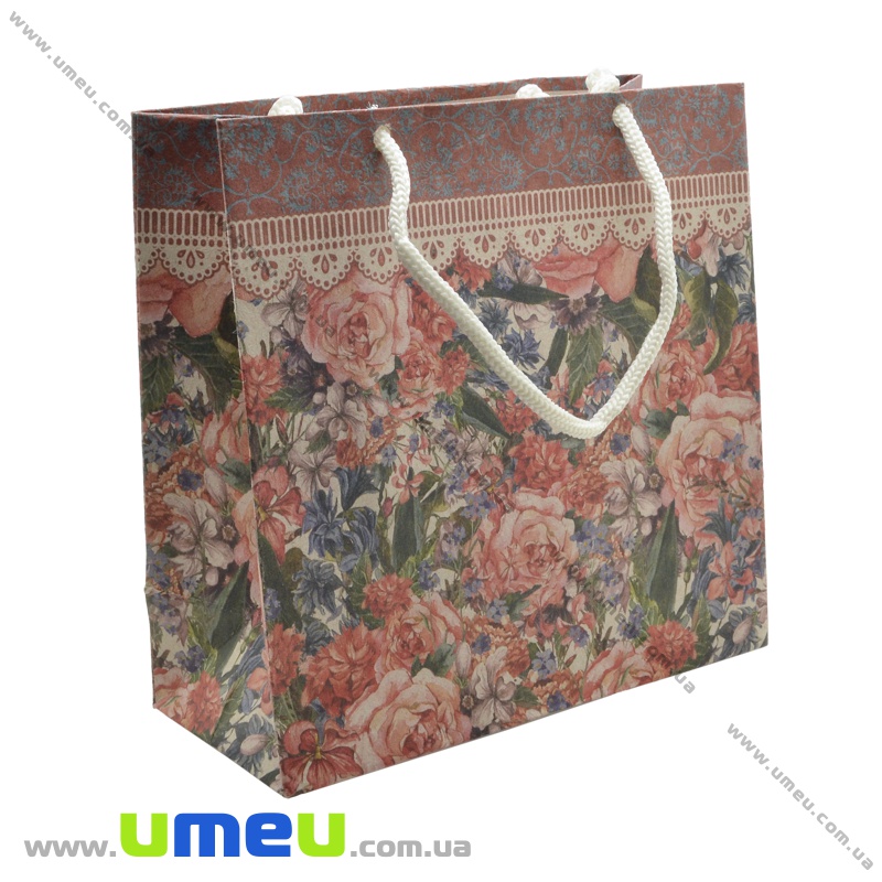 Подарочный пакет из крафт бумаги, 16х16х7 см, Цветы (UPK-019044)