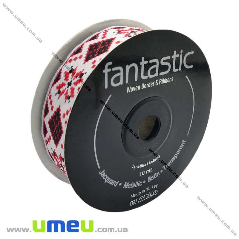 Тасьма Fantastic з українським орнаментом, 25 мм, Червона (LEN-010947)