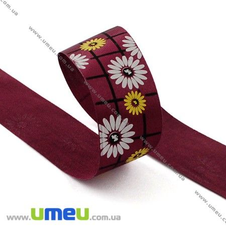 Атласна стрічка Квіти, 25 мм, Бордова (LEN-010274)
