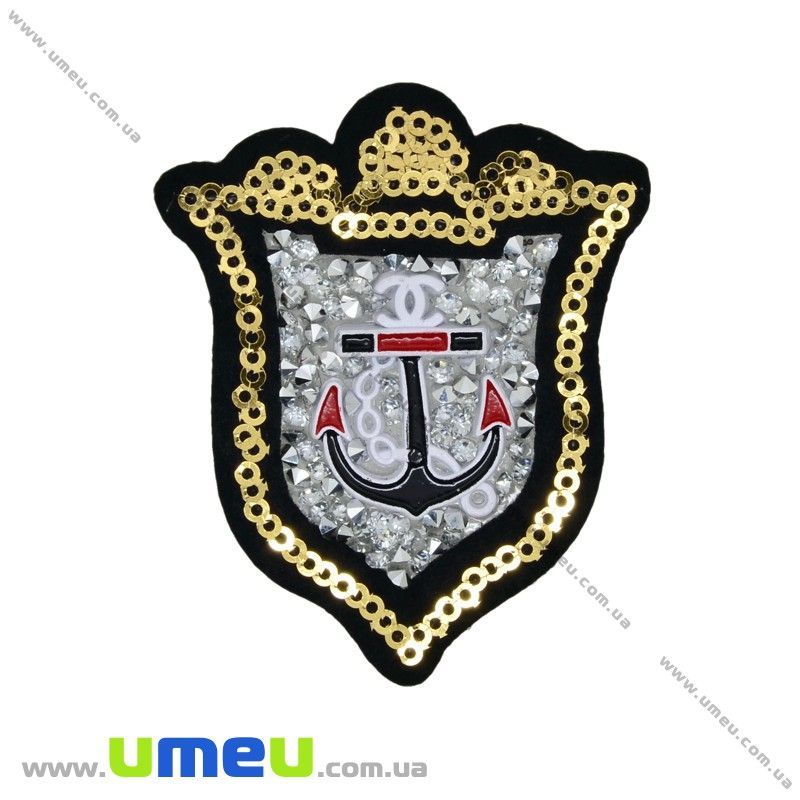 Термоаплікація зі стразами Якір, 6,5х5,5 см, Золотисто-чорна (APL-031712)