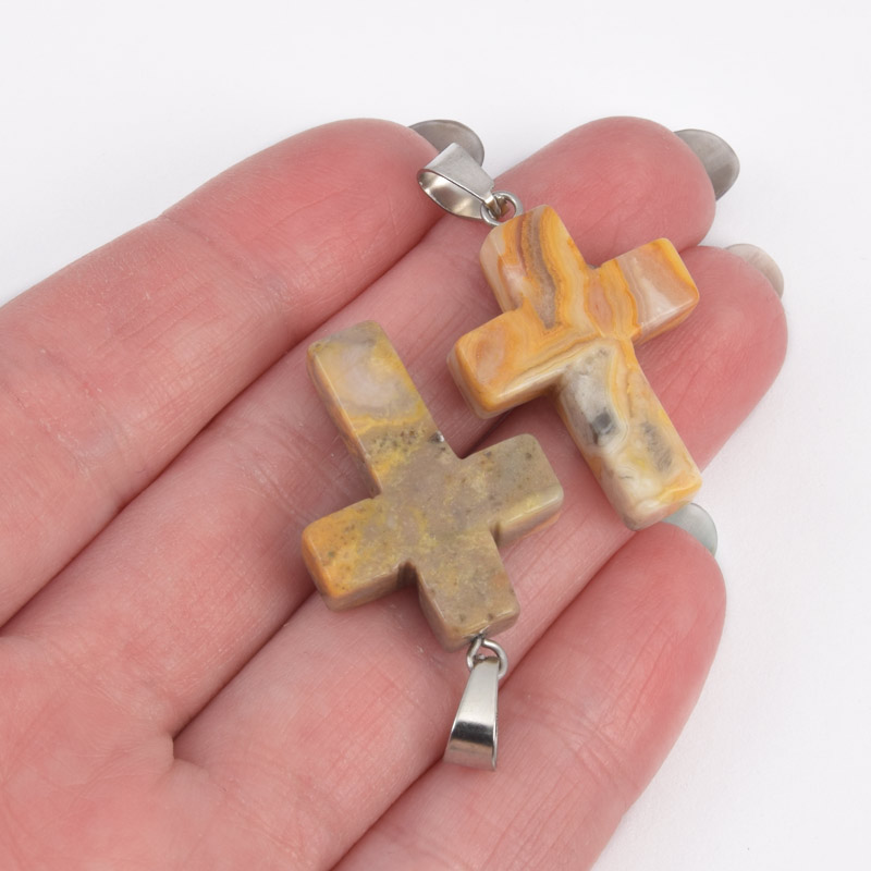 Подвеска Крест, Натур. камень Агат кружевной (Crazy Agate), 30х20х6 мм (POD-057955)