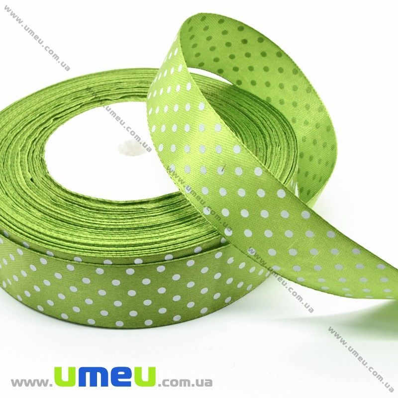 Атласна стрічка в горошок, 25 мм, Оливкова (LEN-029823)