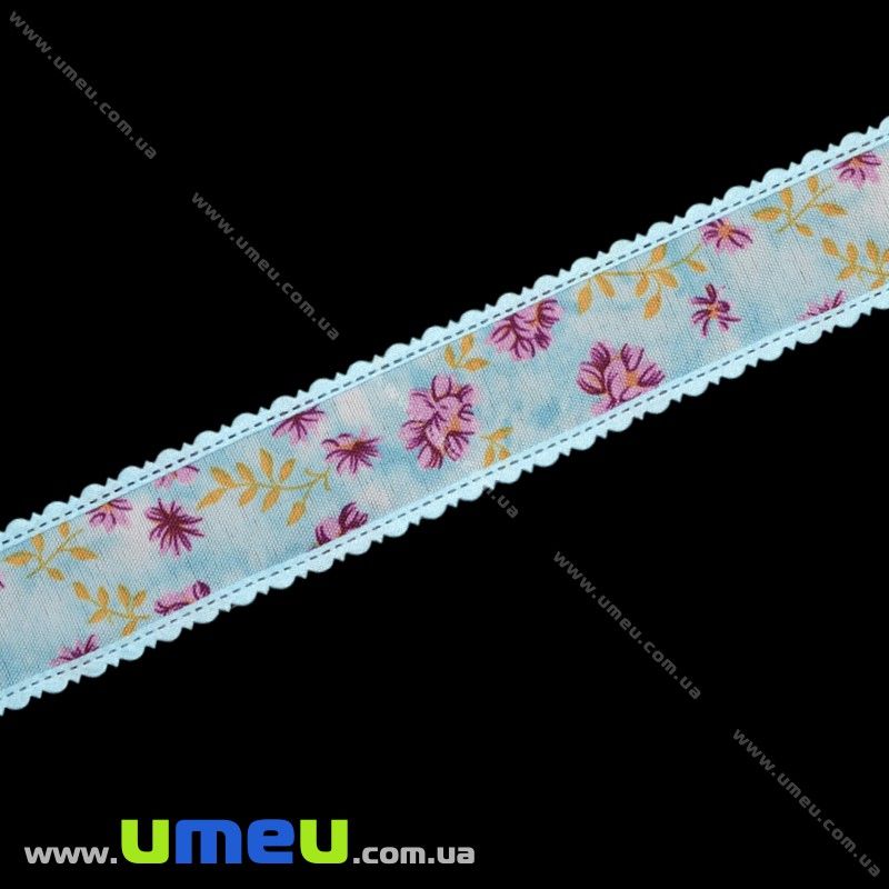 Тесьма гобеленовая с рюшами Цветы, 25 мм, Голубая (LEN-019669)