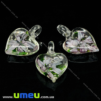 [Архів] Підвіска скляна Lampwork Серце з квіткою, 30х21 мм, Бузкова (POD-034138)