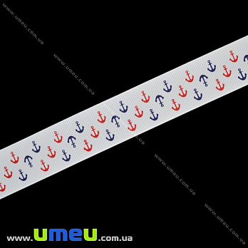 Репсова стрічка з малюнком Якорі, 25 мм, Біла (LEN-016592)