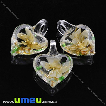 [Архів] Підвіска скляна Lampwork Серце з квіткою, 30х21 мм, Бежева (POD-019974)