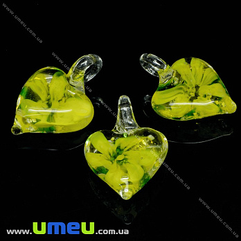[Архів] Підвіска скляна Lampwork Серце з квіткою, 30х21 мм, Жовта (POD-034136)