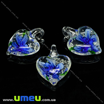 [Архів] Підвіска скляна Lampwork Серце з квіткою, 30х21 мм, Синя (POD-034137)