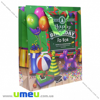 Подарочный пакет Happy Birthday, 32х26х10 см, Зеленый (UPK-035640)
