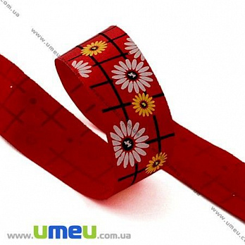 Атласна стрічка Квіти, 25 мм, Червона (LEN-010273)