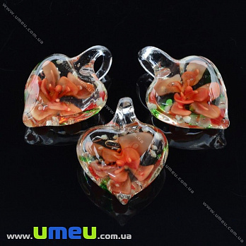 [Архів] Підвіска скляна Lampwork Серце з квіткою, 30х21 мм, Червона (POD-019976)