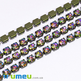 Стразовий ланцюг SS12 (2,8 мм), Ірис зелена, Стрази скляні ірис (ZEP-049289)