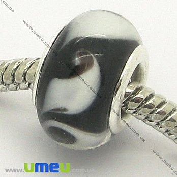 [Архів] Намистина PANDORA Lampwork, 13х9 мм, Чорно-біла, Срібло (BUS-005716)