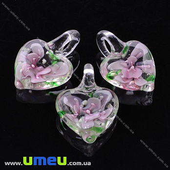 [Архів] Підвіска скляна Lampwork Серце з квіткою, 30х21 мм, Рожева (POD-019975)