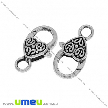 Замок-карабін Серце, 25х14 мм, Античне срібло (ZAM-028379)