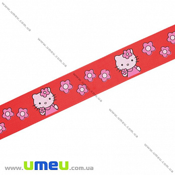 Репсова стрічка з малюнком Hello Kitty, 25 мм, Червона (LEN-016585)