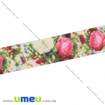 Репсовая лента с рисунком Цветы, 25 мм, Салатовая (LEN-025653)