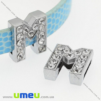 Намистина мет., Буква M зі стразами, 12х11 мм, Темне срібло (BUS-008854)