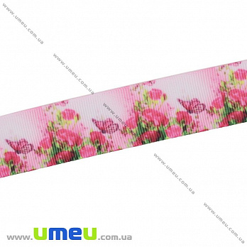 Репсовая лента с рисунком Цветы, 25 мм, Розовая (LEN-025651)