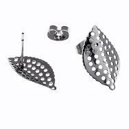 Пусети з нерж. сталі з заглушками, Листочки, 18х11 мм, Темне срібло (STL-055774)