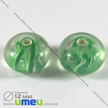 [Архів] Намистина Lampwork, 12х8 мм, Кругла плоска, Зелена (BUS-002471)
