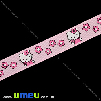 Репсова стрічка з малюнком Hello Kitty, 25 мм, Рожева (LEN-016584)