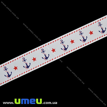 Репсова стрічка з малюнком Якорі, 25 мм, Біла (LEN-016591)