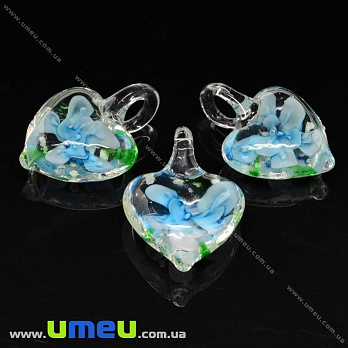 [Архів] Підвіска скляна Lampwork Серце з квіткою, 30х21 мм, Блакитна (POD-019972)