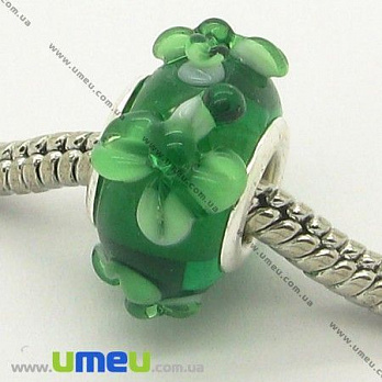 [Архів] Намистина PANDORA Lampwork, 15х10 мм, Зелена, Срібло (BUS-005714)