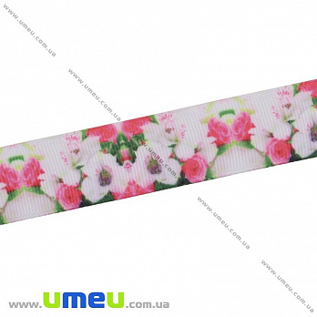 Репсовая лента с рисунком Цветы, 25 мм, Розовая (LEN-025654)