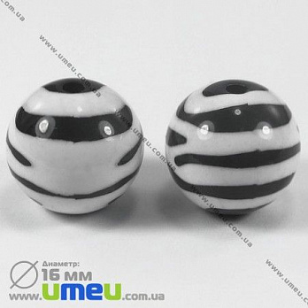 [Архів] Намистина пластикова Кругла Зебра, 16 мм, Біла (BUS-002915)