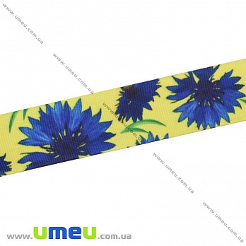 Репсова стрічка з малюнком Квіти, 25 мм, Жовто-синя (LEN-025650)
