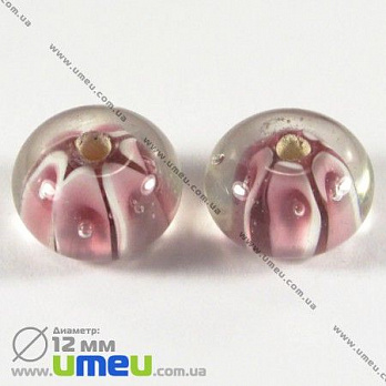 [Архів] Намистина Lampwork, 12х8 мм, Кругла плоска, Рожева (BUS-002466)