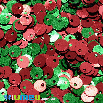 Паєтки Індія круглі плоскі (зміщений отвір), 5 мм, Червоно-зелені (PAI-037445)