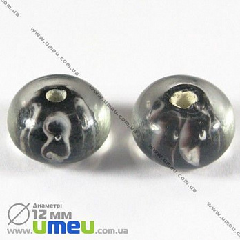 [Архів] Намистина Lampwork, 12х8 мм, Кругла плоска, Чорна (BUS-002463)