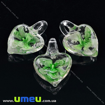 [Архів] Підвіска скляна Lampwork Серце з квіткою, 30х21 мм, Салатова (POD-019973)