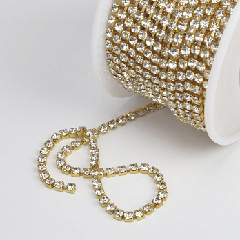 Стразовий ланцюг SS10 (2,6 мм), Золото, Стрази скляні білі (ZEP-047554)