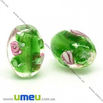 [Архів] Намистина Lampwork, 14х10 мм, Овал, Зелена (BUS-004739)