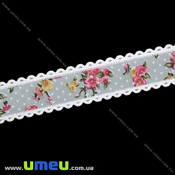 Тесьма гобеленовая в горошек, 25 мм, Серая (LEN-025638)