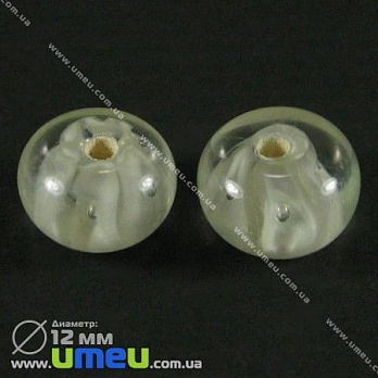[Архів] Намистина Lampwork, 12х8 мм, Кругла плоска, Біла (BUS-002464)