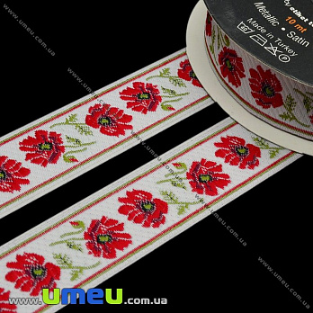 Тасьма Fantastic квіти маки, 25 мм, Червона (LEN-010948)