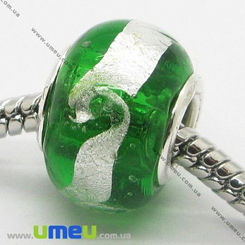 [Архив] Бусина PANDORA Lampwork, 14х10 мм, Зеленая, Серебро (BUS-007392)