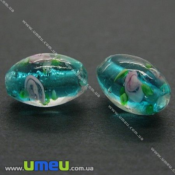 [Архів] Намистина Lampwork, 14х10 мм, Овал, Бірюзова (BUS-004533)
